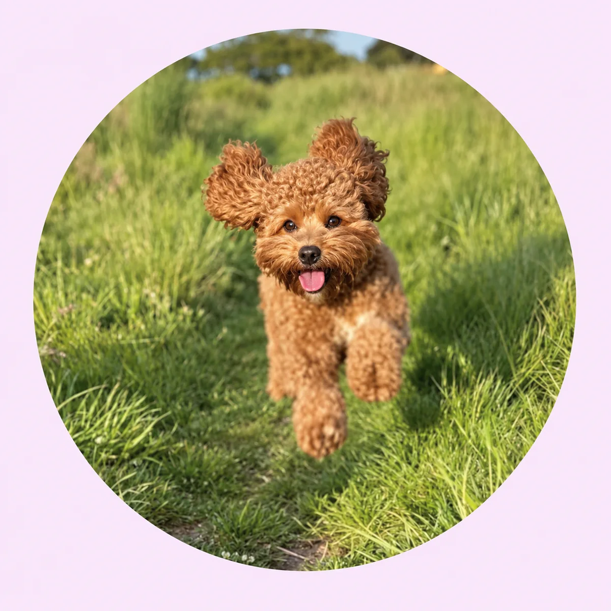 Een Australian Labradoodle rent door het hoge gras.